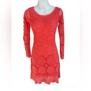 Boston Proper 100% Cotton Crochet Long Sleeve Coral Color Scalloped Edged Dress
